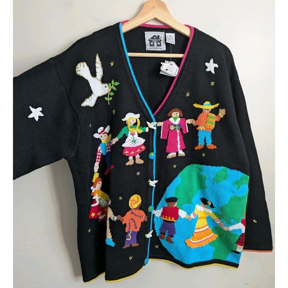 Storybook Knits 2X Cotton Teacher Cardigan Sweater Hands For World Peace NEW - Picture 3 of 11